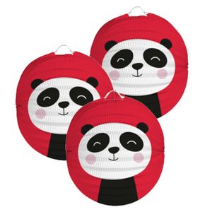 Lampion panda - 3x - 22 cm - rood - papier