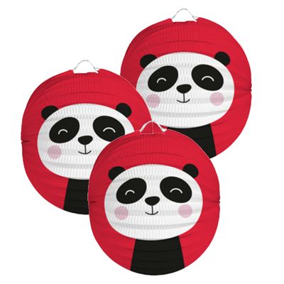 Lampion panda - 3x - 22 cm - rood - papier