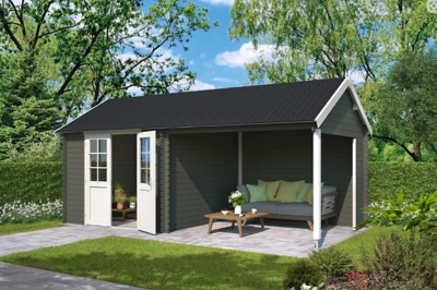 Blokhut met overkapping Fraya 575x275 Green Grey-Wit - Outdoor life