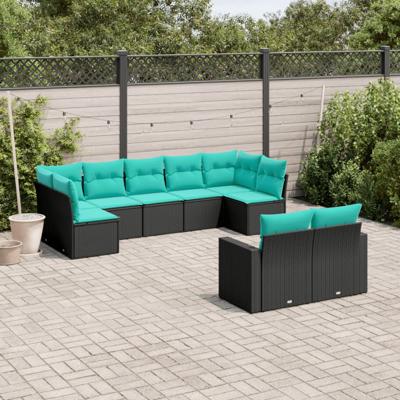 9-delige Loungeset met kussens poly rattan zwart