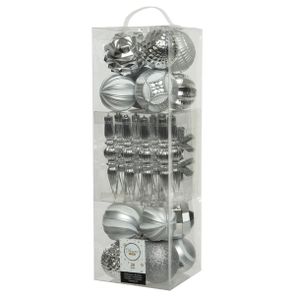 Kerstboomversiering set - kerstballen en kersthangers - 30x st - zilver - kunststof