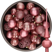 37x stuks kunststof kerstballen 6 cm incl. glazen piek mat oudroze - Kerstbal