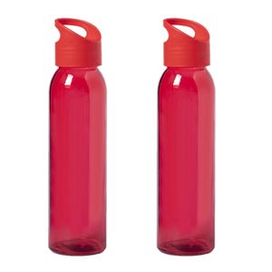 2x Stuks glazen waterfles/drinkfles rood transparant met schroefdop met handvat 470 ml