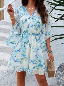 V Neck Casual Floral Dress With No