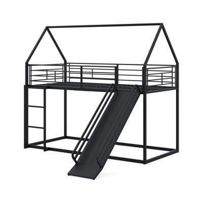 Huis-etagenbed met Glijbaan Laag Etagenbedframe met Veiligheidsreling & Ladder Hoogslaper 200 x 90 cm Zwart