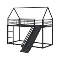 Huis-etagenbed met Glijbaan Laag Etagenbedframe met Veiligheidsreling & Ladder Hoogslaper 200 x 90 cm Zwart Huis-etagenbed met Glijbaan Laag Etagenbedframe met Veiligheidsreling & Ladder Hoogslaper 200 x 90 cm Zwart