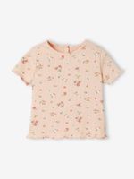 Babyshirt met bloemen in geribbeld tricot bedrukt grijsachtig roze - thumbnail