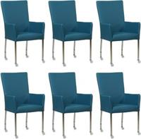 Set van 6 Blauwe leren moderne eetkamerstoelen Deal - met armleuning poot vierkant rvs met wiel - Toledo Leer Turquoise (blauw leer)
