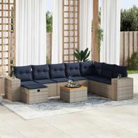 9-delige Loungeset met kussens poly rattan grijs