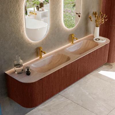 Badmeubel Mondiaz Kurve-Dlux | 200 cm | Meubelkleur Ruby | Wastafelkleur Saba | Solid surface | Wasbak beide zijden spoelbak | 2 kraangaten