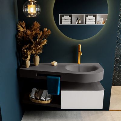 MONDIAZ RIVA 120cm badmeubel onderkast / planchet kleur Talc met 1 lade. Wastafel DULCET rechts 1 kraangat kleur Dark_Grey.