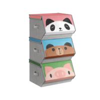 Set van 3 stoffen dozen met deksels voor kinderen, Panda, beer, varkensmotieven