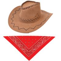 Carnaval verkleed hoed voor een cowboy - bruin - polyester - heren/dames incl. bandana