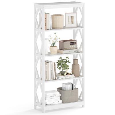 Hoge Boekenkast met 5 Planken Open Houten Boekenkast met Ruitvormige Structuur Opbergrek voor Tentoonstellingen