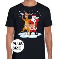 Grote maten Kerst t-shirt dronken kerstman en Rudolf zwart - thumbnail