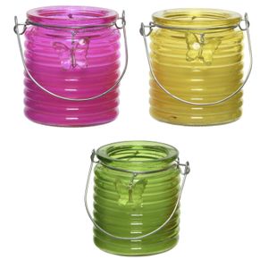 Citronella kaars - 3x - in windlicht - roze/geel en groen - 20 branduren - citrusgeur