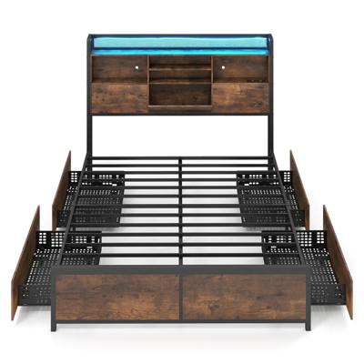 Bedframe met Ledverlichting en Oplaadstation Industrieel Platformbed met Opbergbaar Hoofdeinde en 4 Lades Geruisloze Matrasbodem met Metalen Latten-140 cm