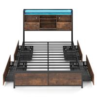 Bedframe met Ledverlichting en Oplaadstation Industrieel Platformbed met Opbergbaar Hoofdeinde en 4 Lades Geruisloze Matrasbodem met Metalen Latten-140 cm