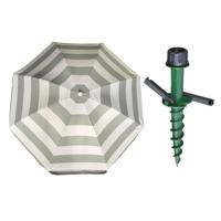 Parasol met dikke grondharing - zilver/wit gestreept - polyester - Dia 180 cm - voor het strand
