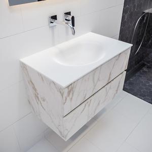 Mondiaz Vica Moon badmeubel wit carrara mat 80 cm 2 lades solid surface enkele spoelbak midden zonder kraangat