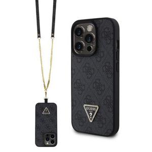 iPhone 15 Pro Guess 4G Strass Triangle Metal Logo Case with Crossbody Strap - Black