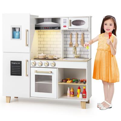 Kinderkeuken Houten Speelkeuken met Ijsblokjesmachine Afzuigkap Krijtbord Barbecue Keukengerei Speelgoedkeukenset met Licht en Geluid Wit