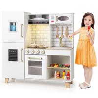 Kinderkeuken Houten Speelkeuken met Ijsblokjesmachine Afzuigkap Krijtbord Barbecue Keukengerei Speelgoedkeukenset met Licht en Geluid Wit