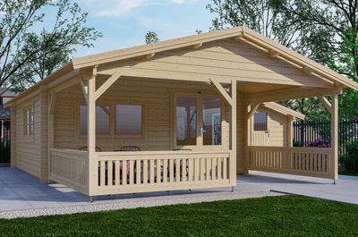 Blokhut 540x540 cm + voorluifel 300 cm + zijaanbouw 150 cm - geïmpregneerd- Zadeldak- Geïmpregneerd vurenhout- Interflex Blokhut 540x540 cm + voorluifel 300 cm + zijaanbouw 150 cm - geïmpregneerd- Zadeldak- Geïmpregneerd vurenhout- Interflex