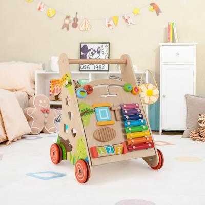 Houten Babyloopwagen Duwwagen met Handvat Leerzame Activiteitenloopwagen Zit-Sta Montessori Loopspeeltje voor Kinderen 3+
