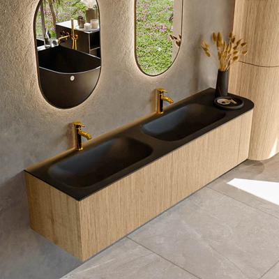 Mondiaz KURVE 175 cm Onderkast Greeploos 2 Lades Met Deuren Oak, Wastafel Solid Surface Links Urban 2 Kraangaten Zonder Spiegel (KRVBGS175R2L1D2KD-Oak/Urb)
