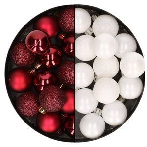 28x stuks kleine kunststof kerstballen wit en bordeaux rood 3 cm