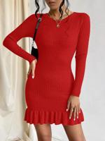 Privé Khaki Rib-Knit Ruffle Hem Bodycon Sweater Dress | Long Sleeve Red / XS