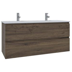 Adema Chaci Badkamermeubelset - 120x46x57cm - 2 keramische wasbakken wit - 2 kraangaten - 2 lades - noten (hout) SW1212779/SW804533