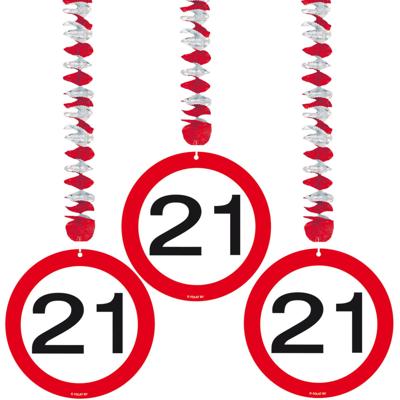 Verjaardag versiering rotorspiralen - 21 jaar - 3x - plafond - verkeersborden / leeftijd decoratie