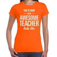 Cadeau t-shirt voor dames - awesome teacher - docent/lerares bedankje - juffendag - oranje - thumbnail