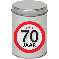Cadeau Snoepblik - 70 jaar verjaardag - 9 x 13 cm - Cadeauverpakking- metaal - met leeftijd sticker