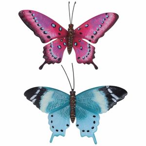 Set van 2x stuks tuindecoratie muur/wand vlinders van metaal in blauw en roze 35 x 24 cm