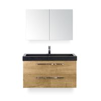 Seville Badmeubelset 100 cm - Natuur Eiken - Wastafel Hardsteen Wit Lucca - met Spiegelkast