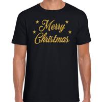 Foute Kersttrui t-shirt - Merry Christmas - zwart - met gouden glitter letters - heren
