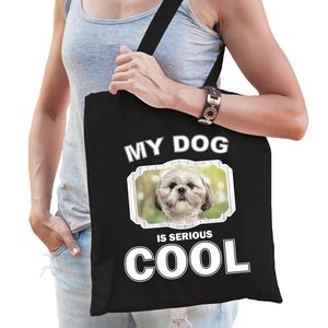 Shih tzu honden tasje zwart volwassenen en kinderen - my dog serious is cool kado boodschappentasje