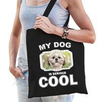 Shih tzu honden tasje zwart volwassenen en kinderen - my dog serious is cool kado boodschappentasje - thumbnail