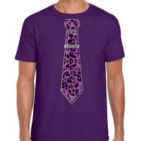 Verkleed T-shirt voor heren - panterprint stropdas - paars - foute party - carnaval/themafeest - thumbnail