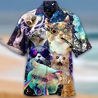 Voor heren Overhemd Hawaiiaans overhemd dier Kat Grafische prints Strijkijzer Wit blauw Licht Paars Paars Casual Hawaii Korte mouw Afdrukken Button-omlaag Kleding Tropisch Modieus Hawaii Zacht Lightinthebox - thumbnail