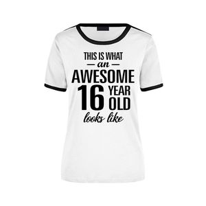 Awesome 16 year / 16 jaar wit/zwart ringer cadeau t-shirt voor dames