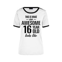 Awesome 16 year / 16 jaar wit/zwart ringer cadeau t-shirt voor dames