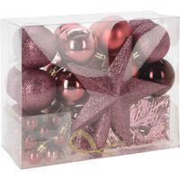 Kerstballen set 54-dlg - met piek - kunststof - roze - voor kleine boom