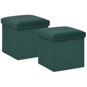 Poef/krukje/hocker Amber - 2x - Opvouwbare zit opslag box - fluweel smaragd groen - D38 x H38 cm