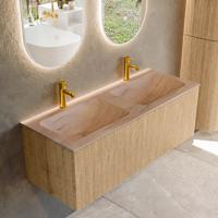 Badmeubel Mondiaz Kurve-Dlux | 120 cm | Meubelkleur Oak | Wastafelkleur Saba | Solid surface | Wasbak beide zijden spoelbak | 2 kraangaten