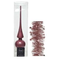 Kerstversiering glazen piek glans 26 cm en sterren folieslingers pakket oud roze van 3x stuks