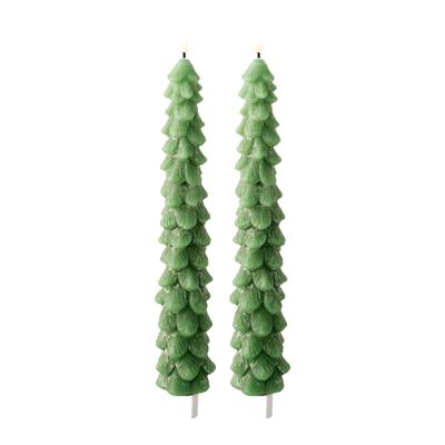 LED kerstboom dinerkaars - 2x - groen - 29 cm - batterijen - timer - kerstdiner kaars - kerstkaars